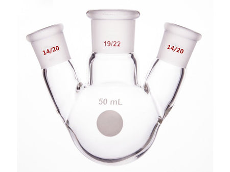 MSE PRO Slanted Three-Mouth Ball Bottle, Thick Wall and High Strength, Middle Grinding Mouth: 19/22, Side Grinding Mouth: 14/20, 50mL