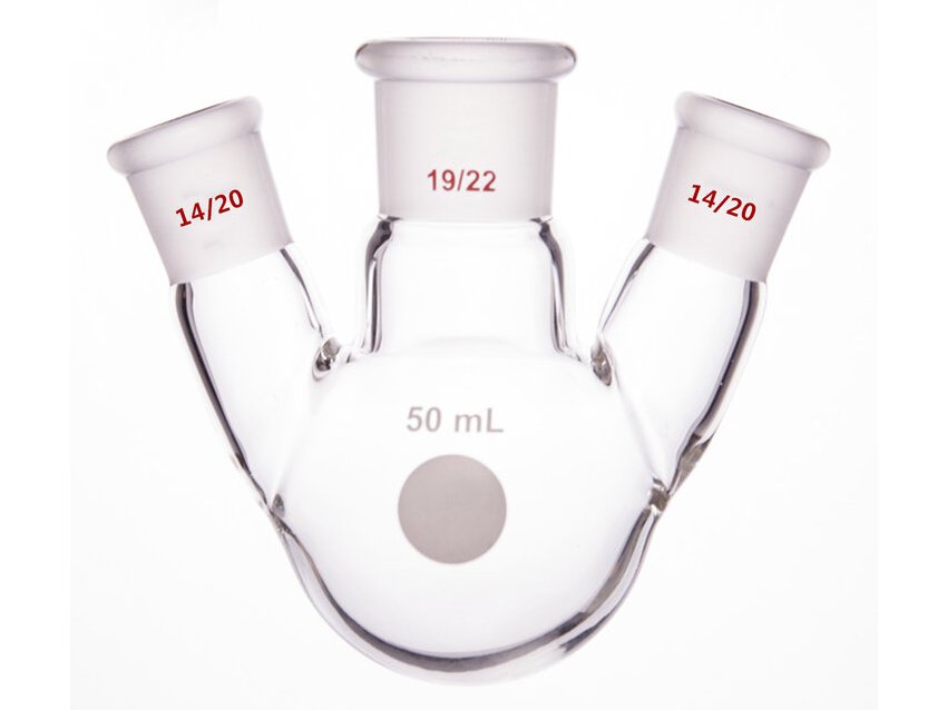 MSE PRO Slanted Three-Mouth Ball Bottle, Thick Wall and High Strength, Middle Grinding Mouth: 19/22, Side Grinding Mouth: 14/20, 50mL