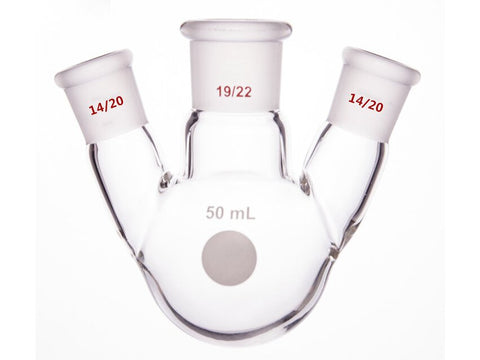 MSE PRO Slanted Three-Mouth Ball Bottle, Thick Wall and High Strength, Middle Grinding Mouth: 19/22, Side Grinding Mouth: 14/20, 50mL