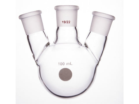 MSE PRO Slanted Three-Mouth Ball Bottle, Thick Wall and High Strength, Middle Grinding Mouth: 19/22, Side Grinding Mouth: 19/22, 100mL