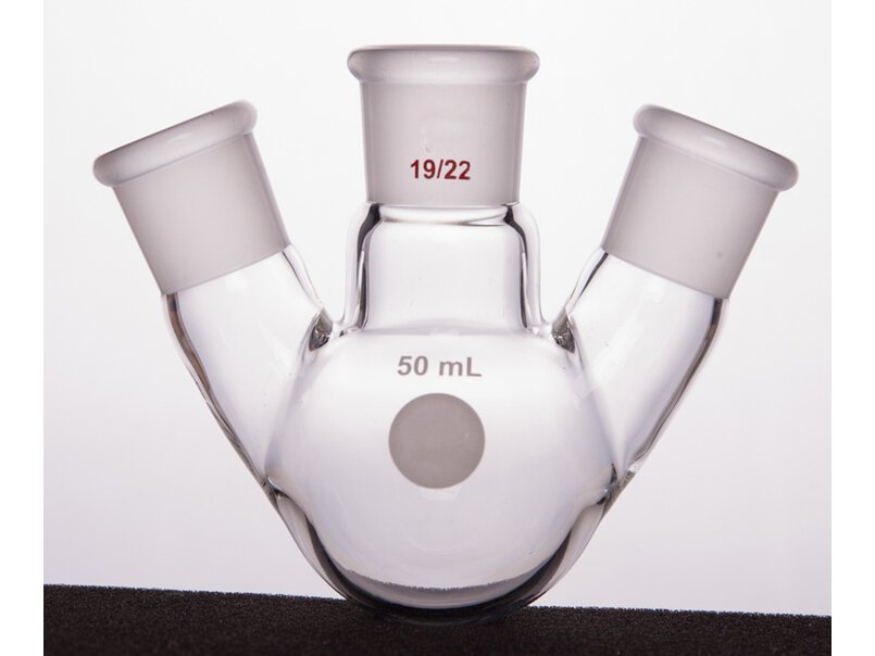 MSE PRO Slanted Three-Mouth Ball Bottle, Thick Wall and High Strength, Middle Grinding Mouth: 19/22, Side Grinding Mouth: 19/22, 50mL