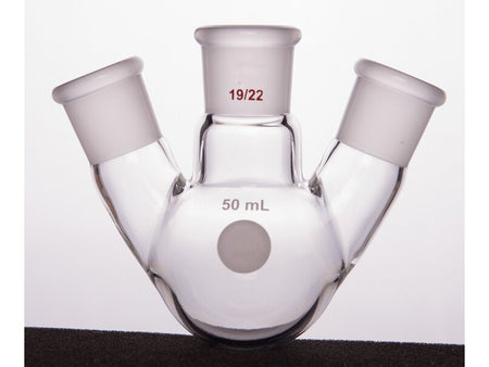 MSE PRO Slanted Three-Mouth Ball Bottle, Thick Wall and High Strength, Middle Grinding Mouth: 19/22, Side Grinding Mouth: 19/22, 50mL