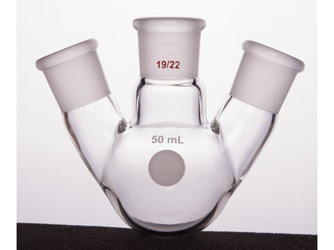 MSE PRO Slanted Three-Mouth Ball Bottle, Thick Wall and High Strength, Middle Grinding Mouth: 19/22, Side Grinding Mouth: 19/22, 50mL