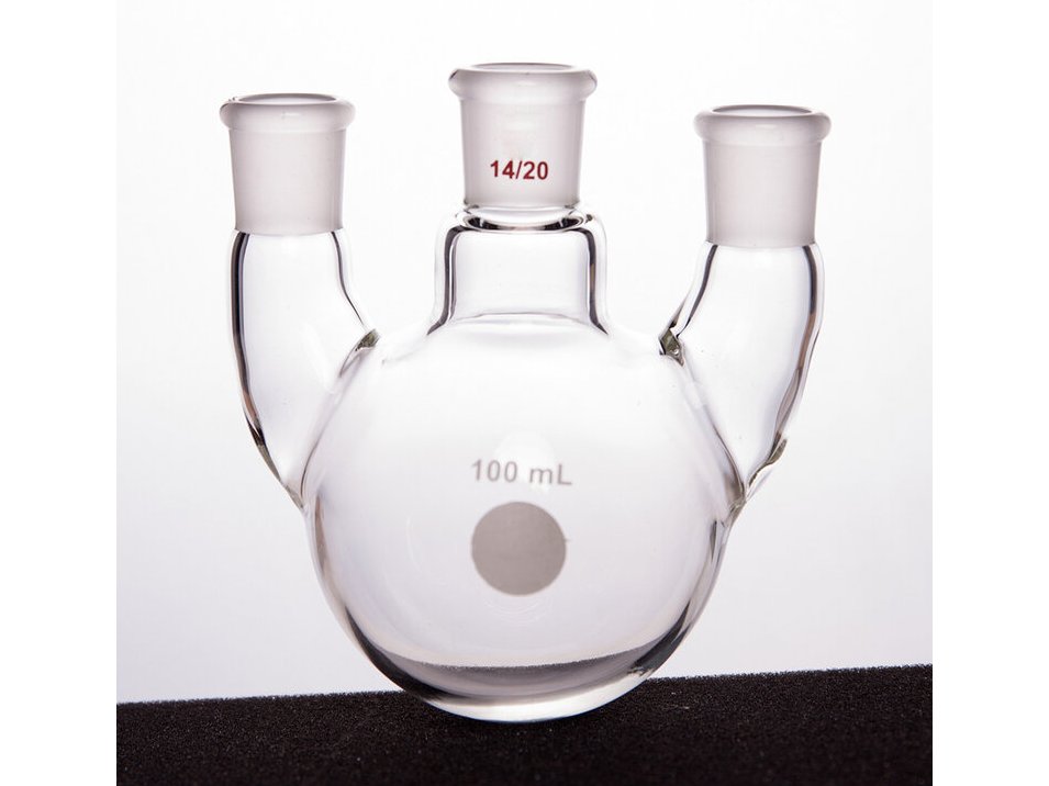 MSE PRO Straight Three-Mouth Ball Bottle, Thick Wall and High Strength, Middle Grinding Mouth: 14/20, Side Grinding Mouth: 14/20, 100mL