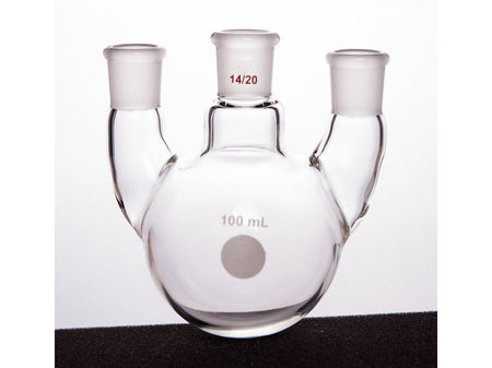 MSE PRO Straight Three-Mouth Ball Bottle, Thick Wall and High Strength, Middle Grinding Mouth: 14/20, Side Grinding Mouth: 14/20, 100mL