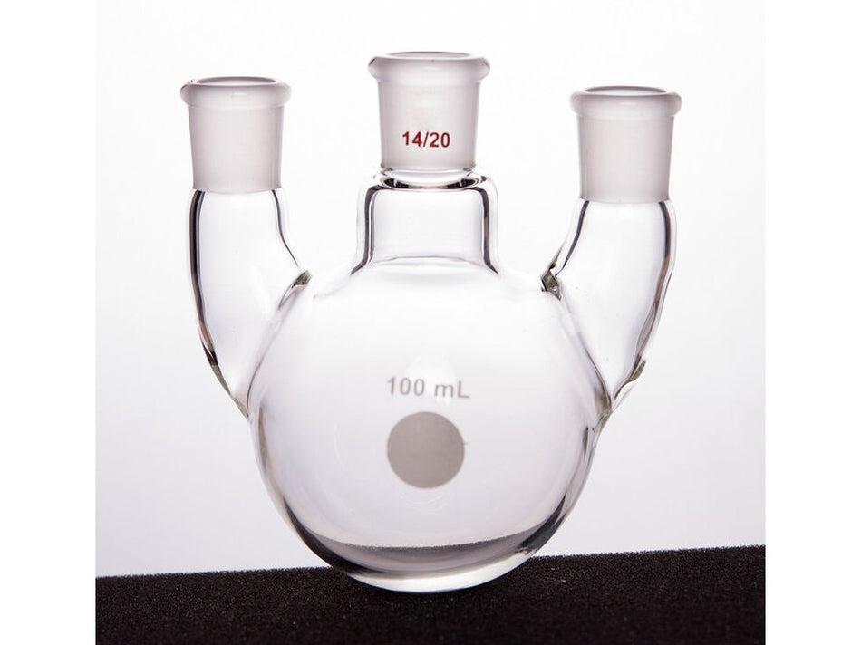 MSE PRO Straight Three-Mouth Ball Bottle, Thick Wall and High Strength, Middle Grinding Mouth: 14/20, Side Grinding Mouth: 14/20, 100mL