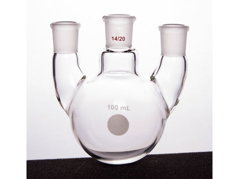 MSE PRO Straight Three-Mouth Ball Bottle, Thick Wall and High Strength, Middle Grinding Mouth: 14/20, Side Grinding Mouth: 14/20, 100mL