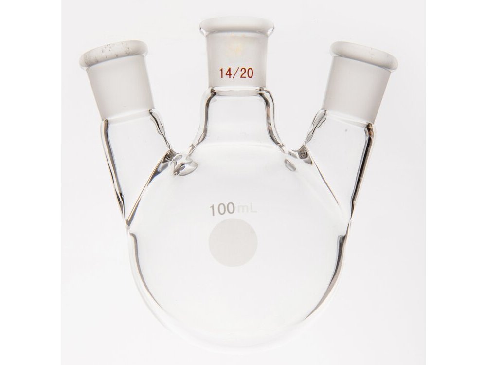 MSE PRO Small Angle Three-Mouth Ball Bottle, Thick Wall and High Strength, Middle Grinding Mouth: 14/20, Side Grinding Mouth: 14/20, 100mL