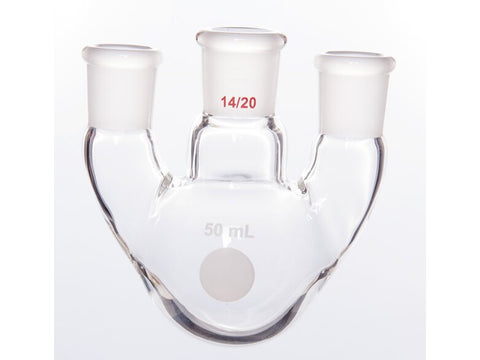 MSE PRO Straight Three-Mouth Ball Bottle, Thick Wall and High Strength, Middle Grinding Mouth: 14/20, Side Grinding Mouth: 14/20, 50mL