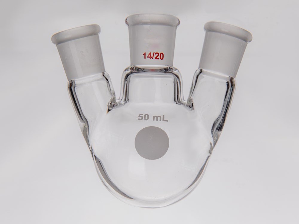 MSE PRO Small Angle Three-Mouth Ball Bottle, Thick Wall and High Strength, Middle Grinding Mouth: 14/20, Side Grinding Mouth: 14/20, 50mL