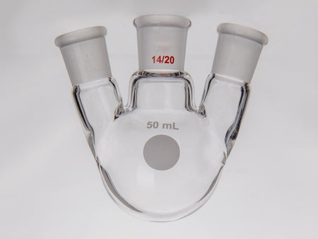 MSE PRO Small Angle Three-Mouth Ball Bottle, Thick Wall and High Strength, Middle Grinding Mouth: 14/20, Side Grinding Mouth: 14/20, 50mL