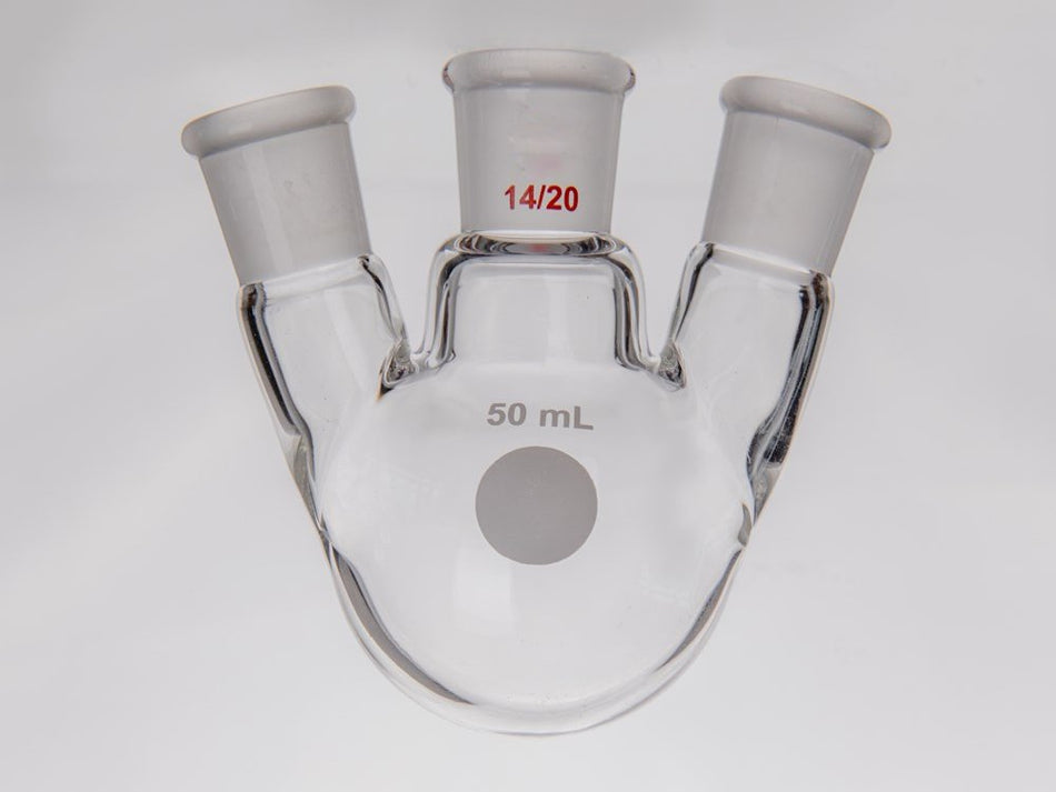 MSE PRO Small Angle Three-Mouth Ball Bottle, Thick Wall and High Strength, Middle Grinding Mouth: 14/20, Side Grinding Mouth: 14/20, 50mL