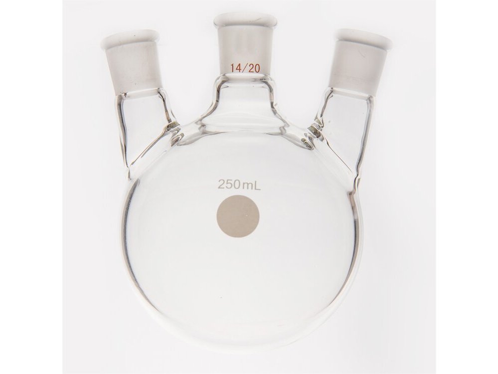 MSE PRO Small Angle Three-Mouth Ball Bottle, Thick Wall and High Strength, Middle Grinding Mouth: 14/20, Side Grinding Mouth: 14/20, 250mL