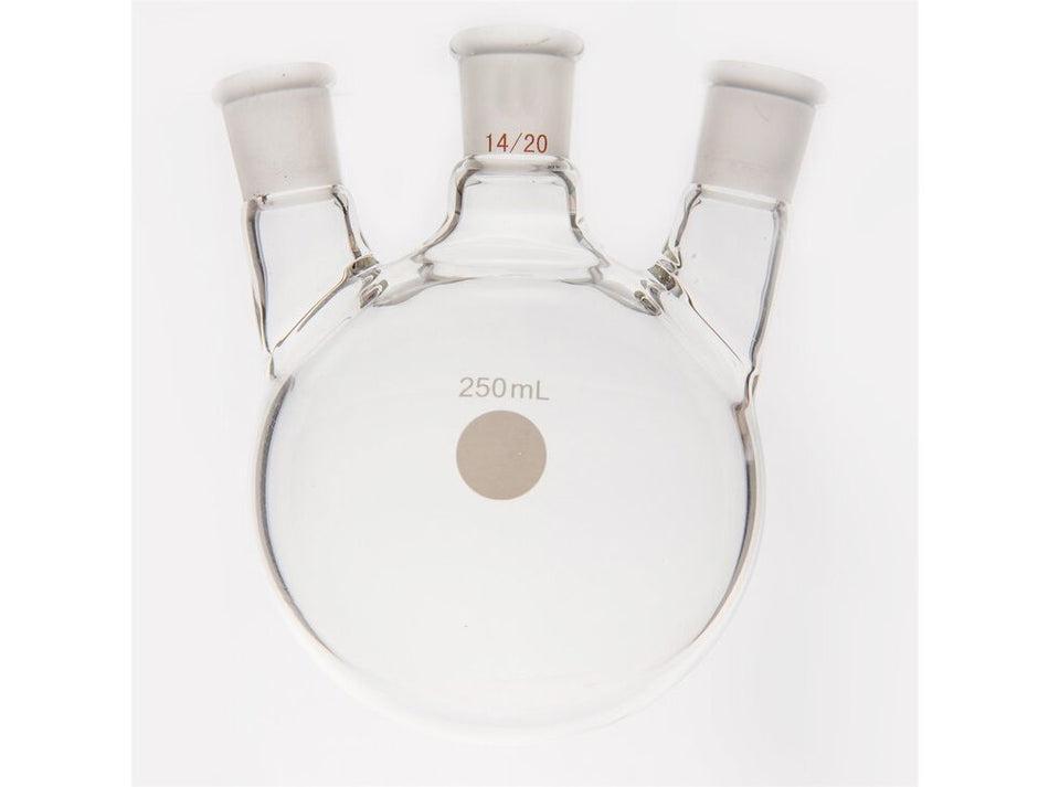 MSE PRO Small Angle Three-Mouth Ball Bottle, Thick Wall and High Strength, Middle Grinding Mouth: 14/20, Side Grinding Mouth: 14/20, 250mL