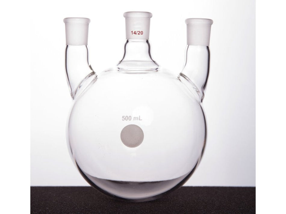MSE PRO Straight Three-Mouth Ball Bottle, Thick Wall and High Strength, Middle Grinding Mouth: 14/20, Side Grinding Mouth: 14/20, 500mL