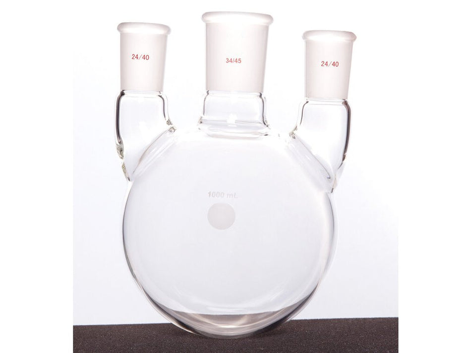 MSE PRO Straight Three-Mouth Ball Bottle, Thick Wall and High Strength, Middle Grinding Mouth: 34/45, Side Grinding Mouth: 24/40, 1000mL