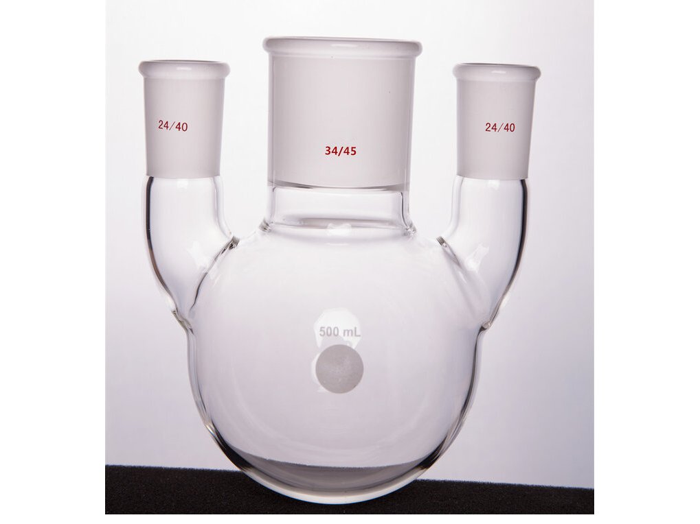 MSE PRO Straight Three-Mouth Ball Bottle, Thick Wall and High Strength, Middle Grinding Mouth: 34/45, Side Grinding Mouth: 24/40, 500mL