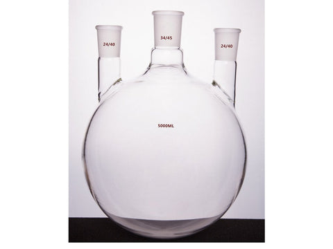 MSE PRO Straight Three-Mouth Ball Bottle, Thick Wall and High Strength, Middle Grinding Mouth: 34/45, Side Grinding Mouth: 24/40, 5000mL