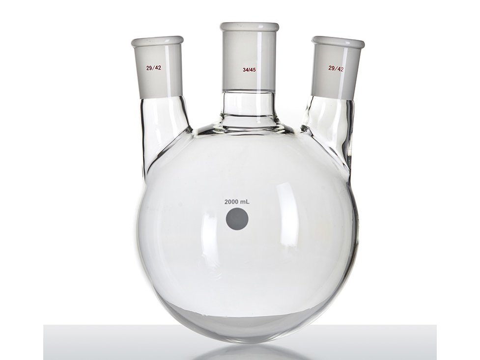 MSE PRO Small Angle Three-Mouth Ball Bottle, Thick Wall and High Strength, Middle Grinding Mouth: 34/45, Side Grinding Mouth: 29/42, 2000mL