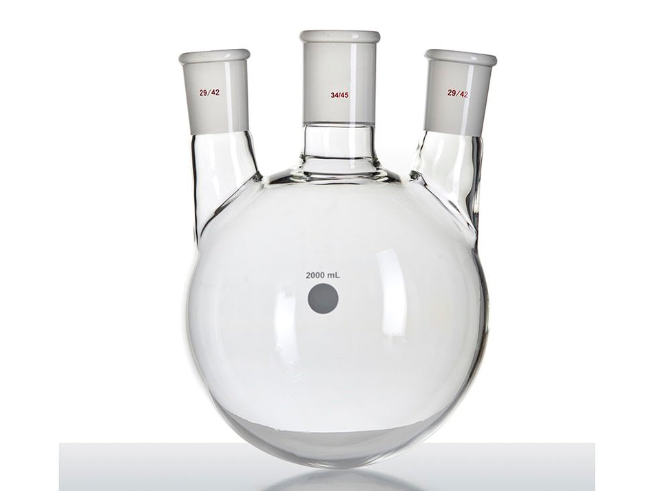 MSE PRO Small Angle Three-Mouth Ball Bottle, Thick Wall and High Strength, Middle Grinding Mouth: 34/45, Side Grinding Mouth: 29/42, 2000mL