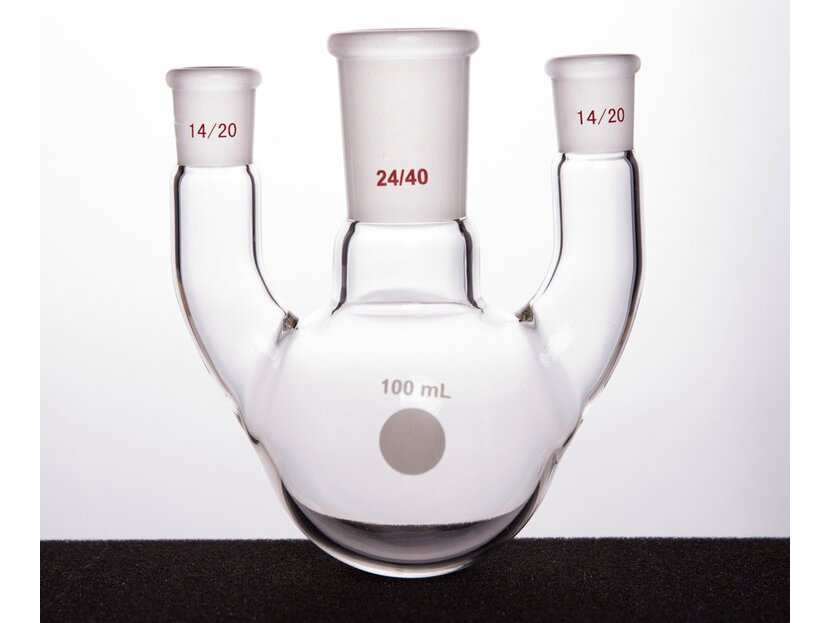 MSE PRO Straight Three-Mouth Ball Bottle, Thick Wall and High Strength, Middle Grinding Mouth: 24/40, Side Grinding Mouth: 14/20, 100mL
