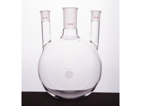 MSE PRO Straight Three-Mouth Ball Bottle, Thick Wall and High Strength, Middle Grinding Mouth: 24/40, Side Grinding Mouth: 14/20, 1000mL