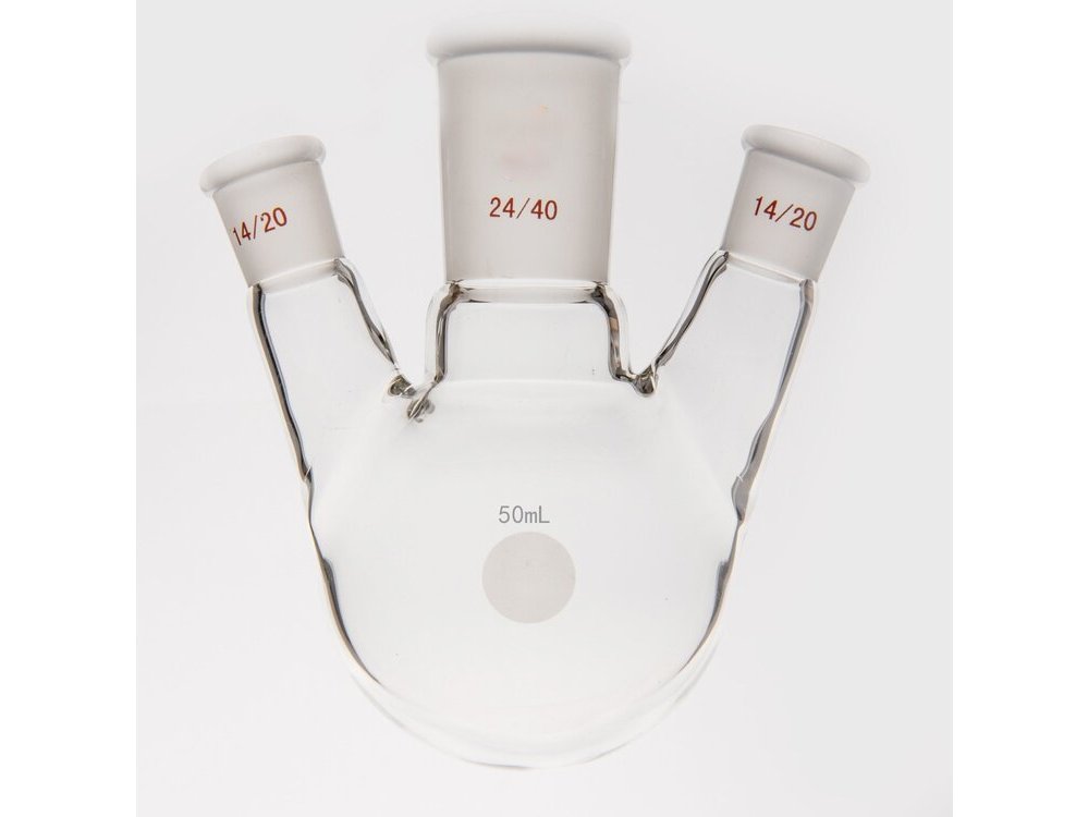 MSE PRO Small Angle Three-Mouth Ball Bottle, Thick Wall and High Strength, Middle Grinding Mouth: 24/40, Side Grinding Mouth: 14/20, 50mL