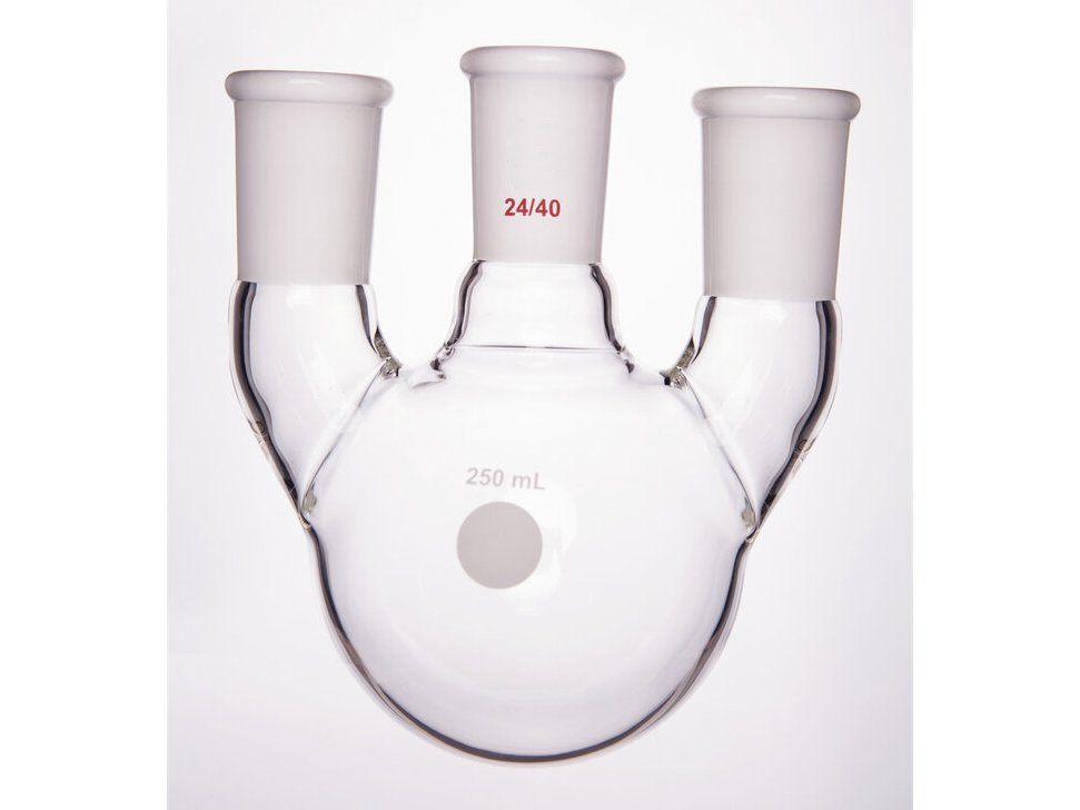 MSE PRO Straight Three-Mouth Ball Bottle, Thick Wall and High Strength, Middle Grinding Mouth: 24/40, Side Grinding Mouth: 24/40, 250mL