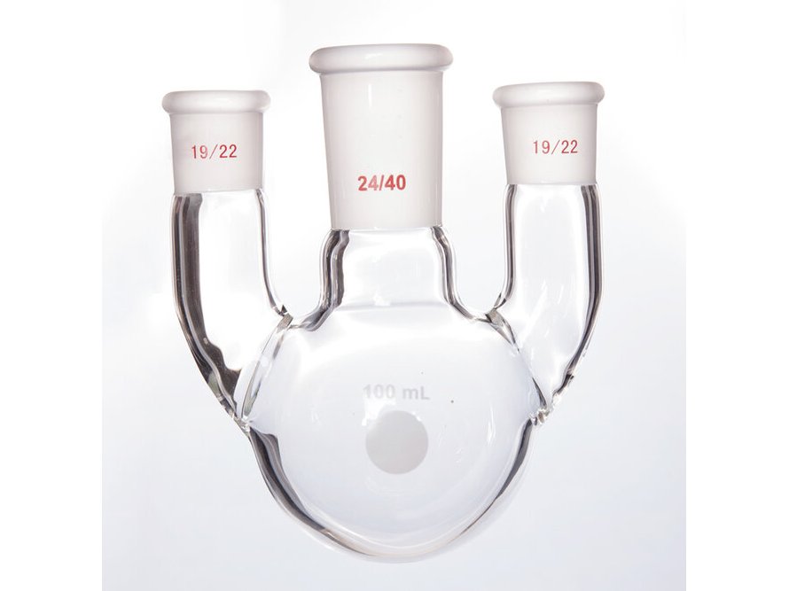 MSE PRO Straight Three-Mouth Ball Bottle, Thick Wall and High Strength, Middle Grinding Mouth: 24/40, Side Grinding Mouth: 19/22, 100mL