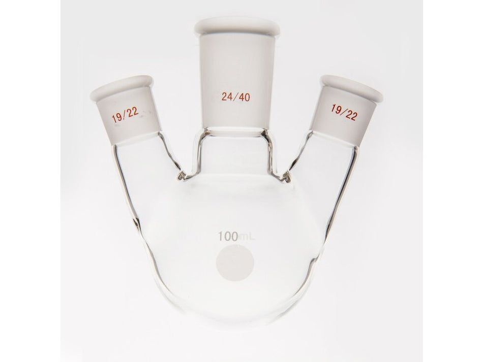 MSE PRO Small Angle Three-Mouth Ball Bottle, Thick Wall and High Strength, Middle Grinding Mouth: 24/40, Side Grinding Mouth: 19/22, 100mL