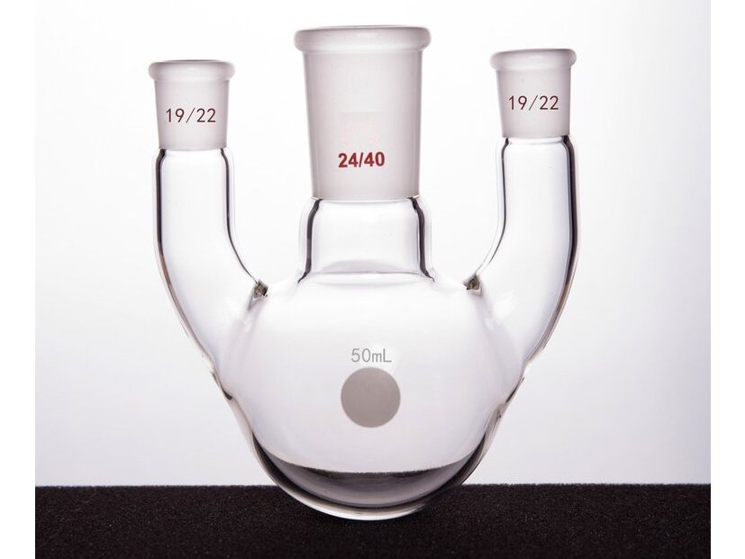 MSE PRO Straight Three-Mouth Ball Bottle, Thick Wall and High Strength, Middle Grinding Mouth: 24/40, Side Grinding Mouth: 19/22, 50mL