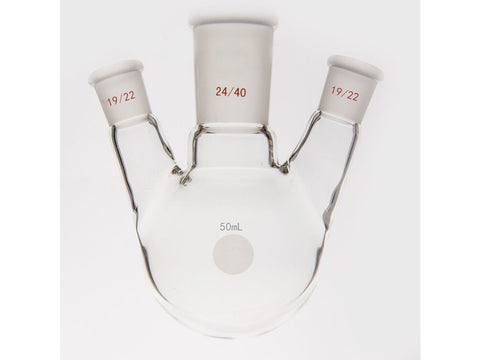 MSE PRO Small Angle Three-Mouth Ball Bottle, Thick Wall and High Strength, Middle Grinding Mouth: 24/40, Side Grinding Mouth: 19/22, 50mL