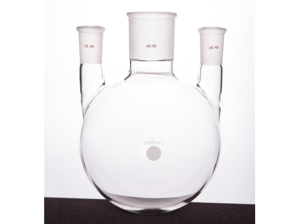 MSE PRO Straight Three-Mouth Ball Bottle, Thick Wall and High Strength, Middle Grinding Mouth: 45/50, Side Grinding Mouth: 24/40, 2000mL
