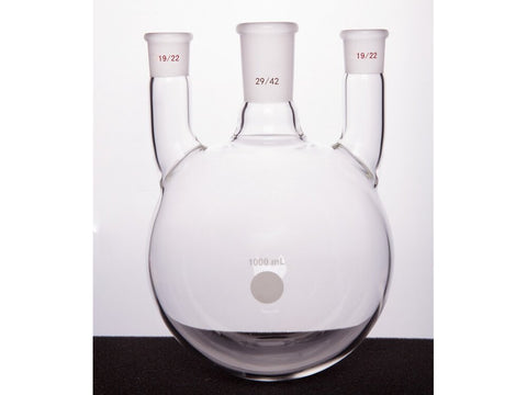 MSE PRO Straight Three-Mouth Ball Bottle, Thick Wall and High Strength, Middle Grinding Mouth: 29/42, Side Grinding Mouth: 19/22, 1000mL