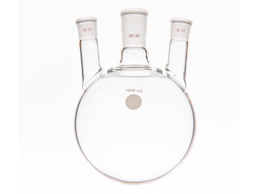 MSE PRO Small Angle Three-Mouth Ball Bottle, Thick Wall and High Strength, Middle Grinding Mouth: 29/42, Side Grinding Mouth: 19/22, 1000mL