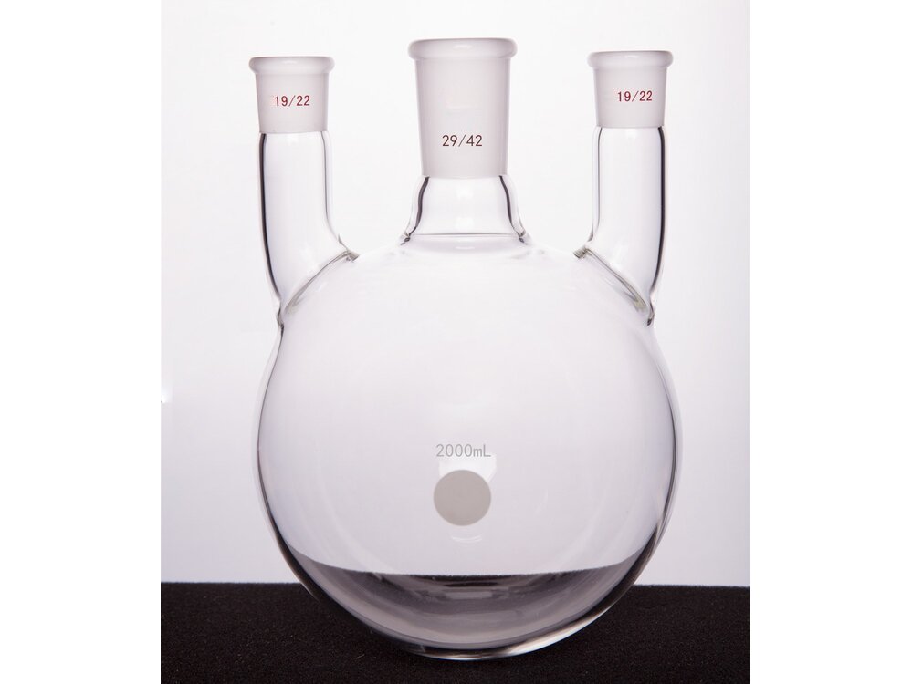 MSE PRO Straight Three-Mouth Ball Bottle, Thick Wall and High Strength, Middle Grinding Mouth: 29/42, Side Grinding Mouth: 19/22, 2000mL