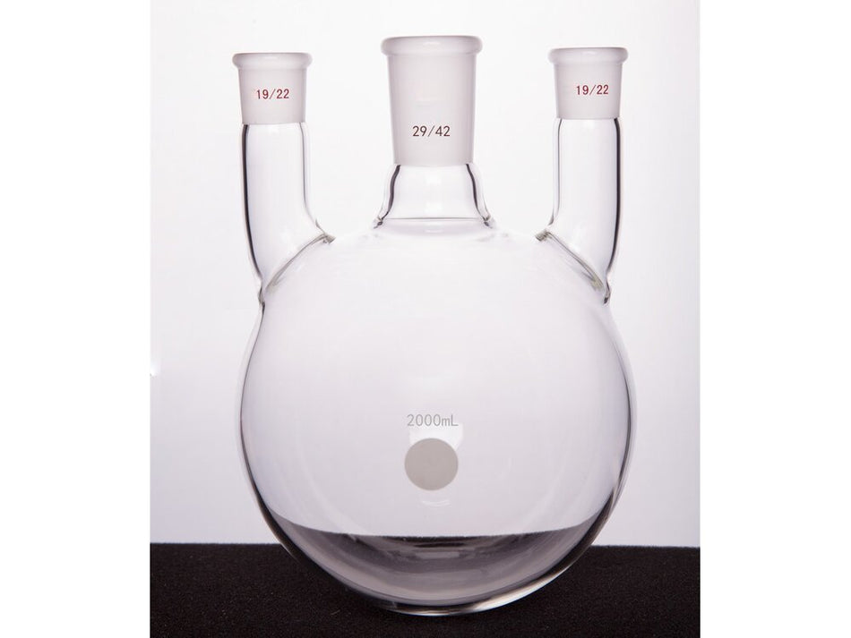 MSE PRO Straight Three-Mouth Ball Bottle, Thick Wall and High Strength, Middle Grinding Mouth: 29/42, Side Grinding Mouth: 19/22, 2000mL