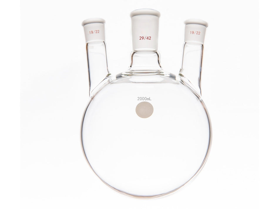 MSE PRO Small Angle Three-Mouth Ball Bottle, Thick Wall and High Strength, Middle Grinding Mouth: 29/42, Side Grinding Mouth: 19/22, 2000mL