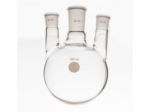 MSE PRO Small Angle Three-Mouth Ball Bottle, Thick Wall and High Strength, Middle Grinding Mouth: 29/42, Side Grinding Mouth: 19/22, 500mL