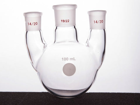 MSE PRO Straight Three-Mouth Ball Bottle, Thick Wall and High Strength, Middle Grinding Mouth: 19/22, Side Grinding Mouth: 14/20, 100mL