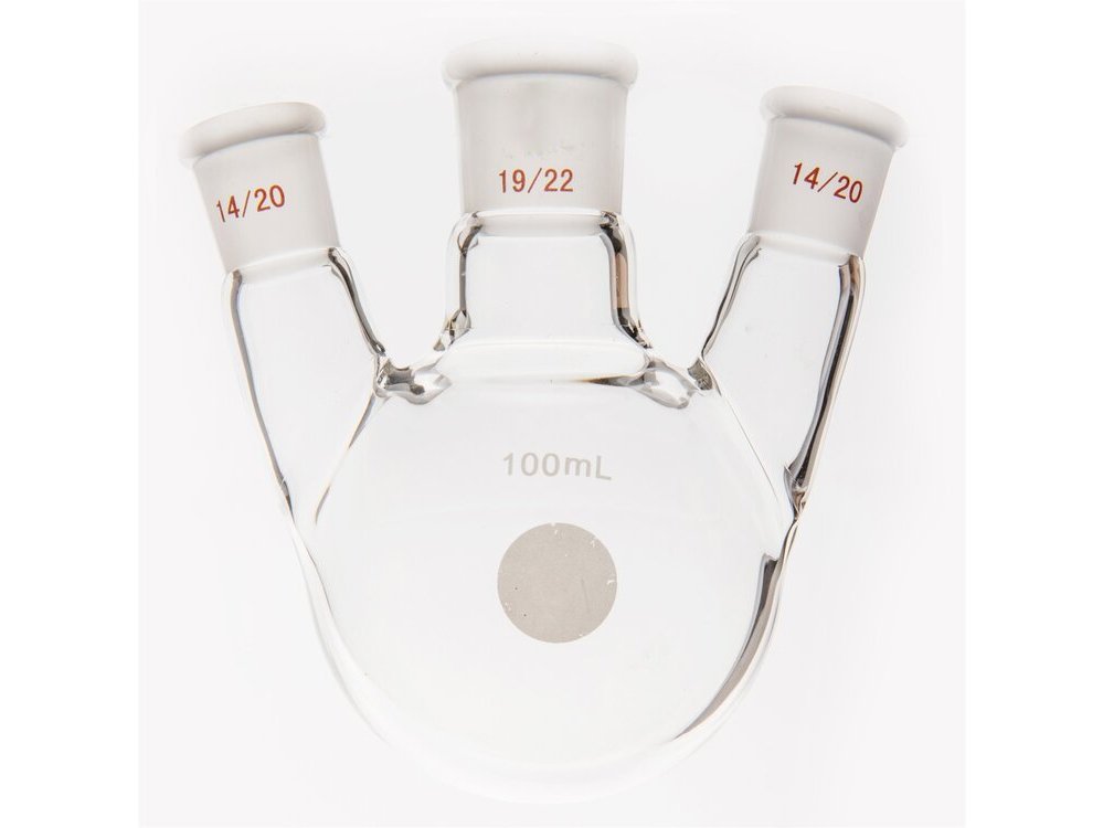 MSE PRO Small Angle Three-Mouth Ball Bottle, Thick Wall and High Strength, Middle Grinding Mouth: 19/22, Side Grinding Mouth: 14/20, 100mL