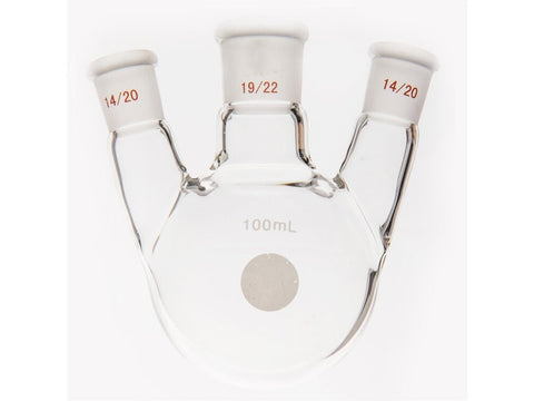 MSE PRO Small Angle Three-Mouth Ball Bottle, Thick Wall and High Strength, Middle Grinding Mouth: 19/22, Side Grinding Mouth: 14/20, 100mL