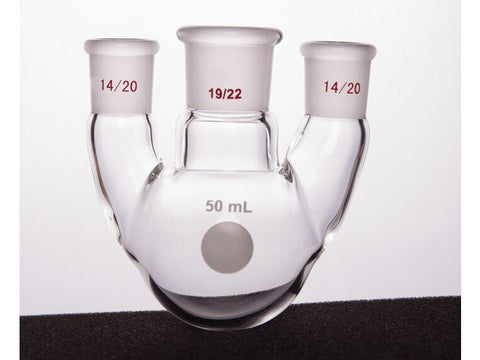 MSE PRO Straight Three-Mouth Ball Bottle, Thick Wall and High Strength, Middle Grinding Mouth: 19/22, Side Grinding Mouth: 14/20, 50mL