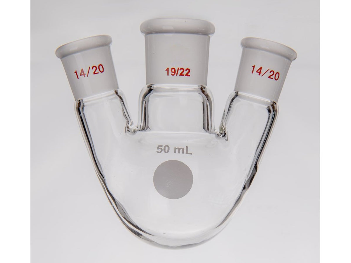 MSE PRO Small Angle Three-Mouth Ball Bottle, Thick Wall and High Strength, Middle Grinding Mouth: 19/22, Side Grinding Mouth: 14/20, 50mL