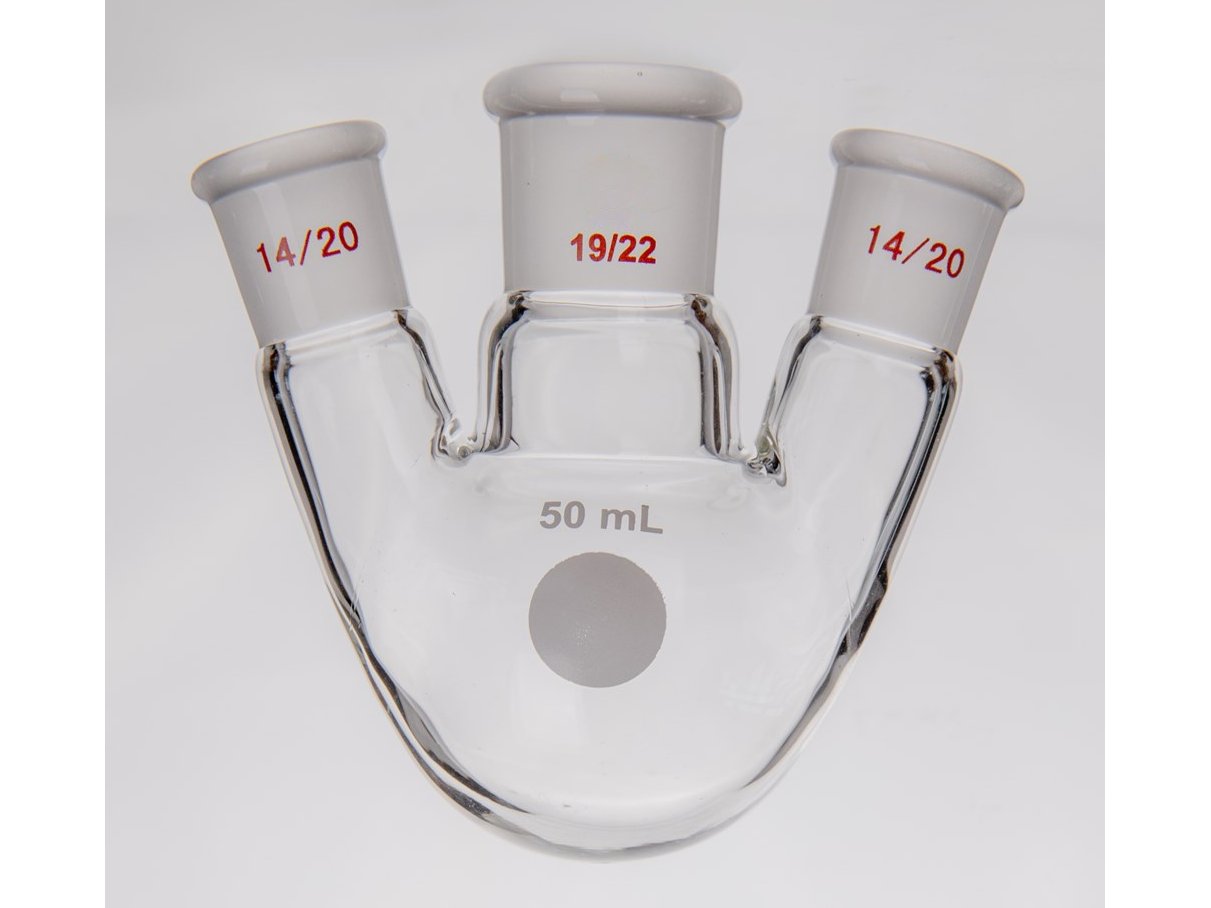 MSE PRO Small Angle Three-Mouth Ball Bottle, Thick Wall and High Strength, Middle Grinding Mouth: 19/22, Side Grinding Mouth: 14/20, 50mL