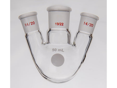 MSE PRO Small Angle Three-Mouth Ball Bottle, Thick Wall and High Strength, Middle Grinding Mouth: 19/22, Side Grinding Mouth: 14/20, 50mL