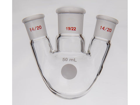 MSE PRO Small Angle Three-Mouth Ball Bottle, Thick Wall and High Strength, Middle Grinding Mouth: 19/22, Side Grinding Mouth: 14/20, 50mL