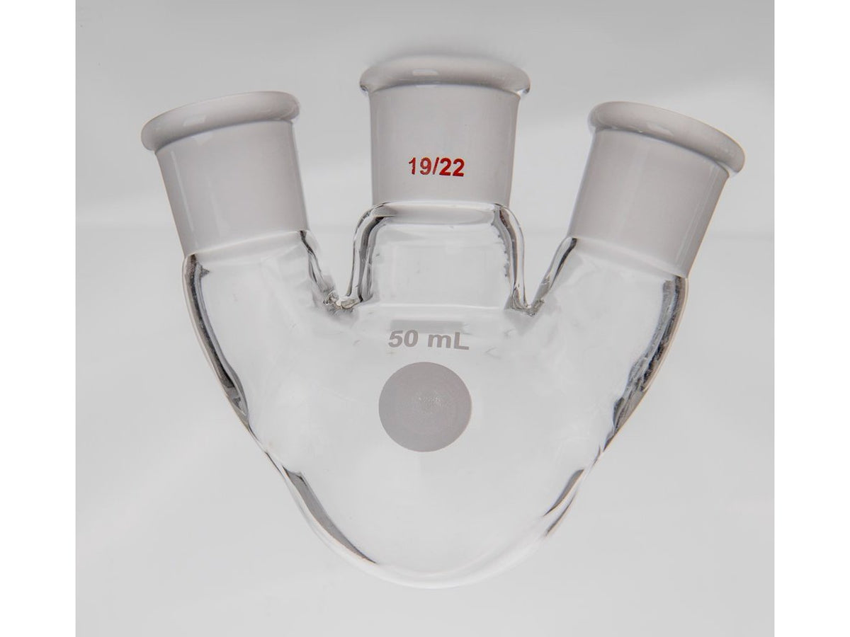 MSE PRO Small Angle Three-Mouth Ball Bottle, Thick Wall and High Strength, Middle Grinding Mouth: 19/22, Side Grinding Mouth: 19/22, 50mL