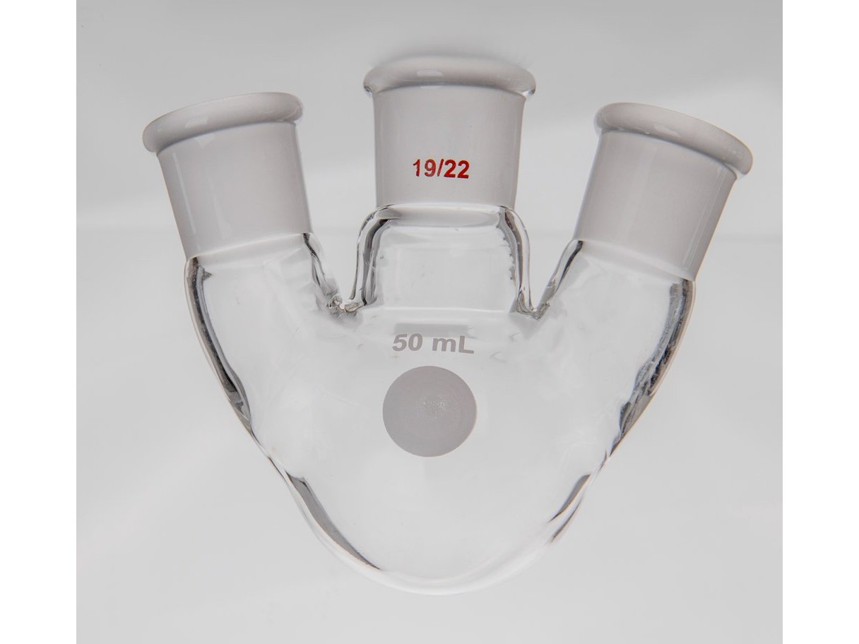 MSE PRO Small Angle Three-Mouth Ball Bottle, Thick Wall and High Strength, Middle Grinding Mouth: 19/22, Side Grinding Mouth: 19/22, 50mL