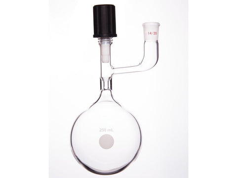 MSE PRO Solvent Storage Ball Bottle, Internal Grinding Mouth, 14/20, 250mL, 4mm High Vacuum Valve